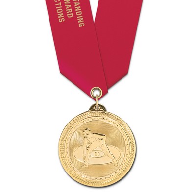 Wrestling Brite Laser Medal w/Satin Neck Ribbon (2")